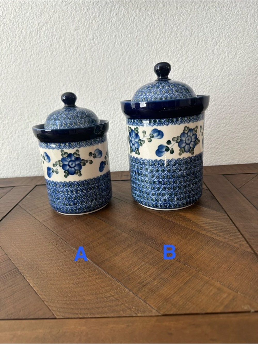 Polish Pottery Blue Floral Ceramic Canister Set Cookie Jars Boleslawiec Poland